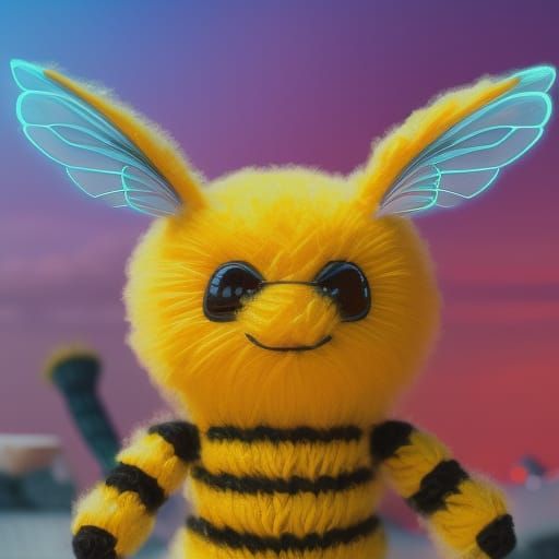 Vibrant 3D Yarn Bumble Bee: Photorealistic Digital Art