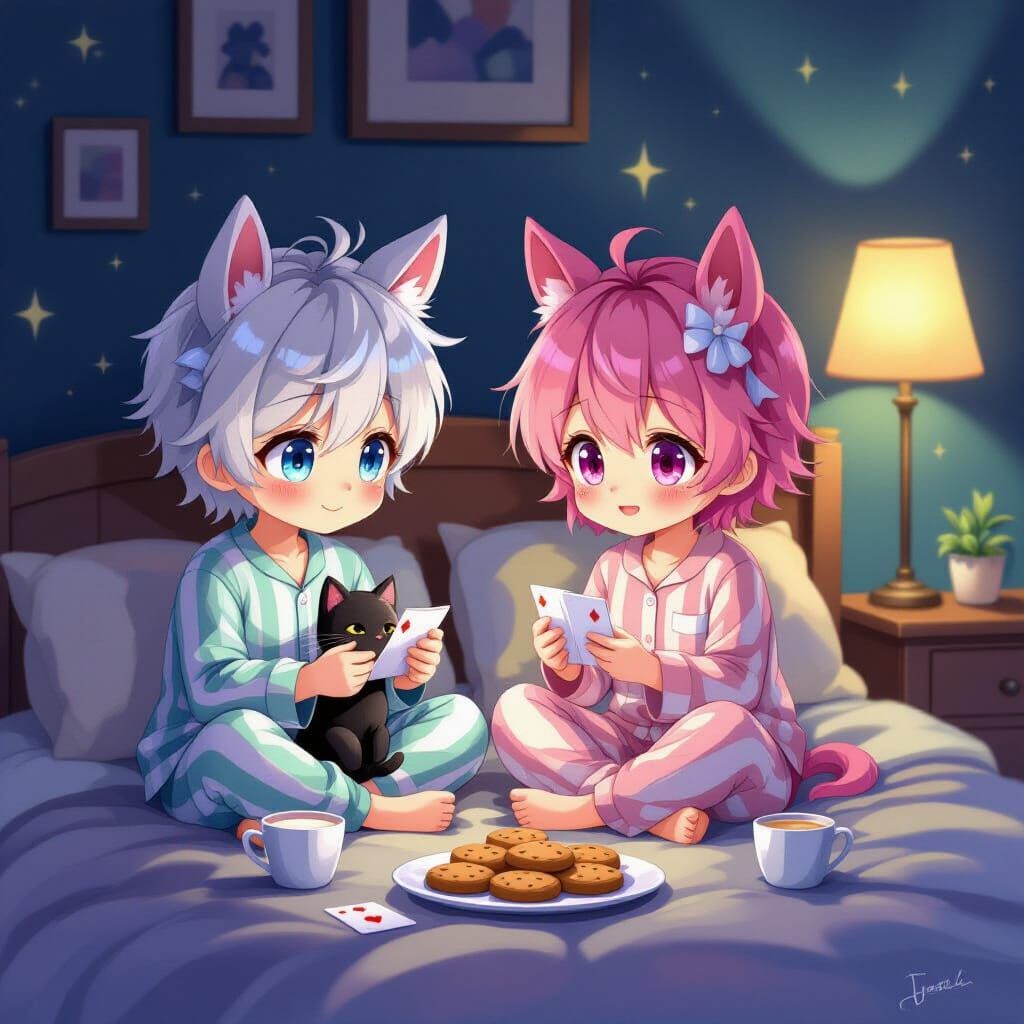 Two Cute Anime Boys with Horse Ears Playing Cards