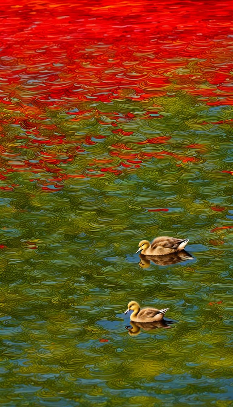 Green Ducklings on a Red Lake