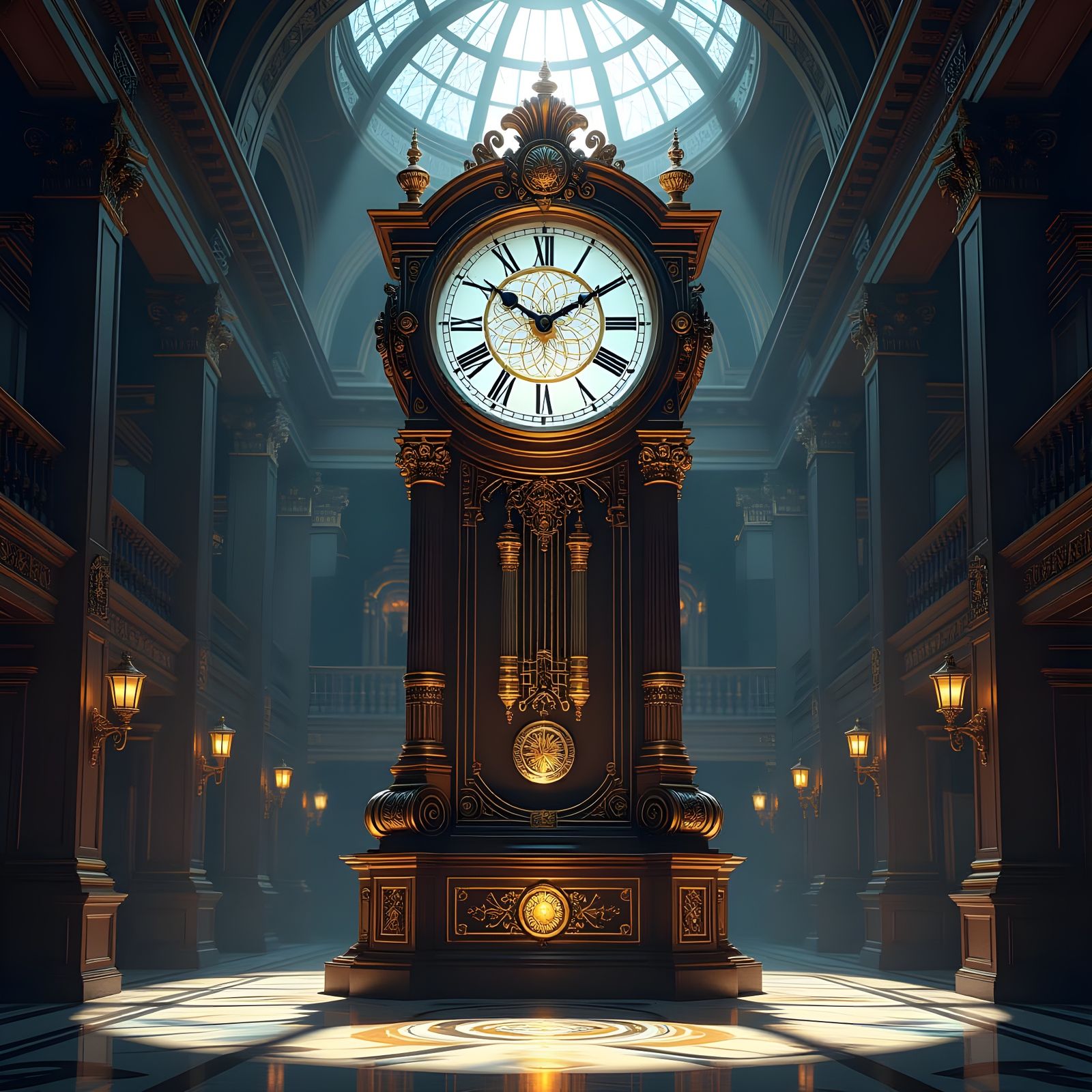Majestic Clock in Grand Hall: a Digital Art Piece
