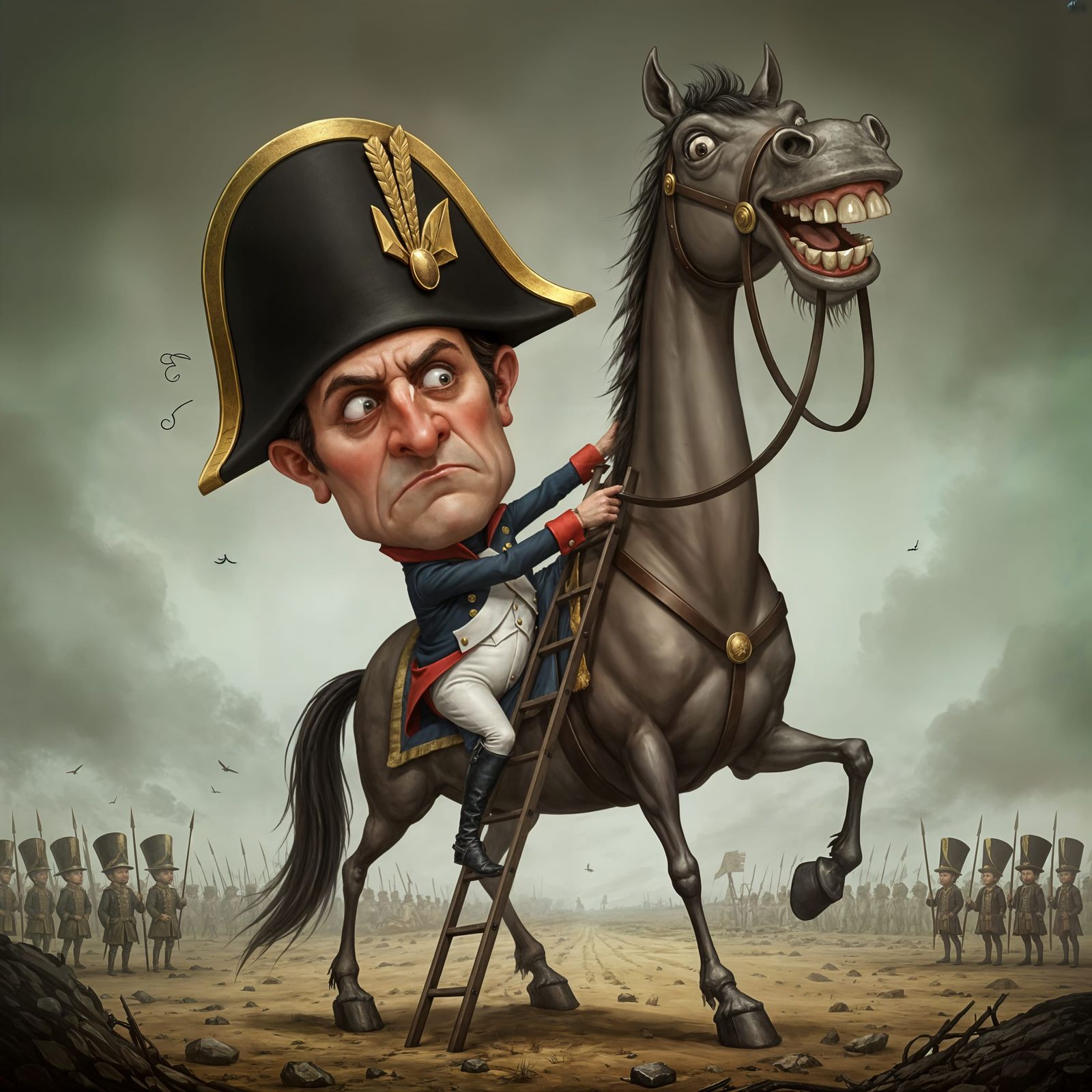 Napoleon Caricature Tries to Mount Tall Horse