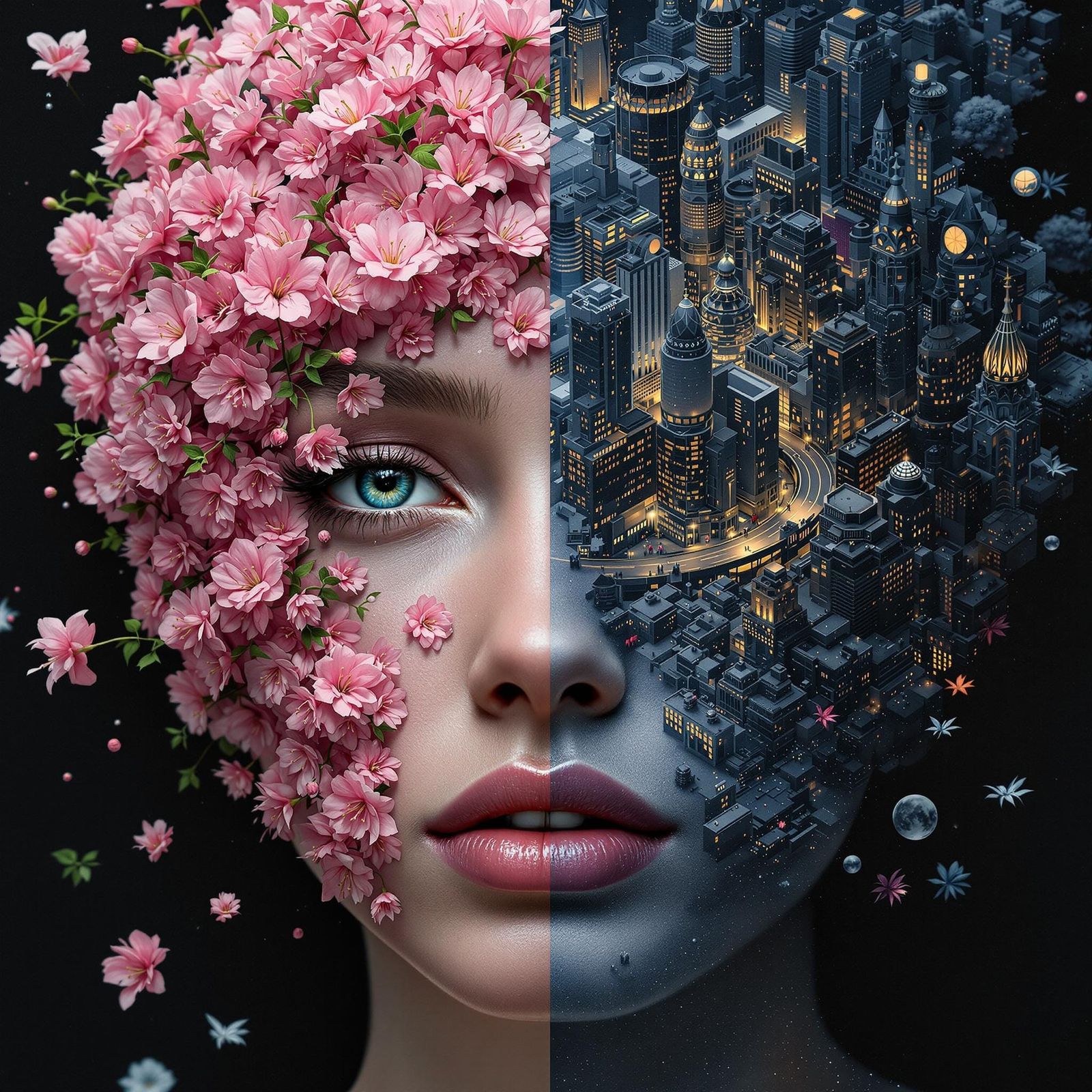 Hyperrealistic Woman's Face with Mindscape Landscapes