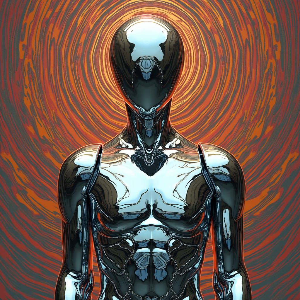 Gleaming Chrome Robot in Psychedelic OP-ART Background