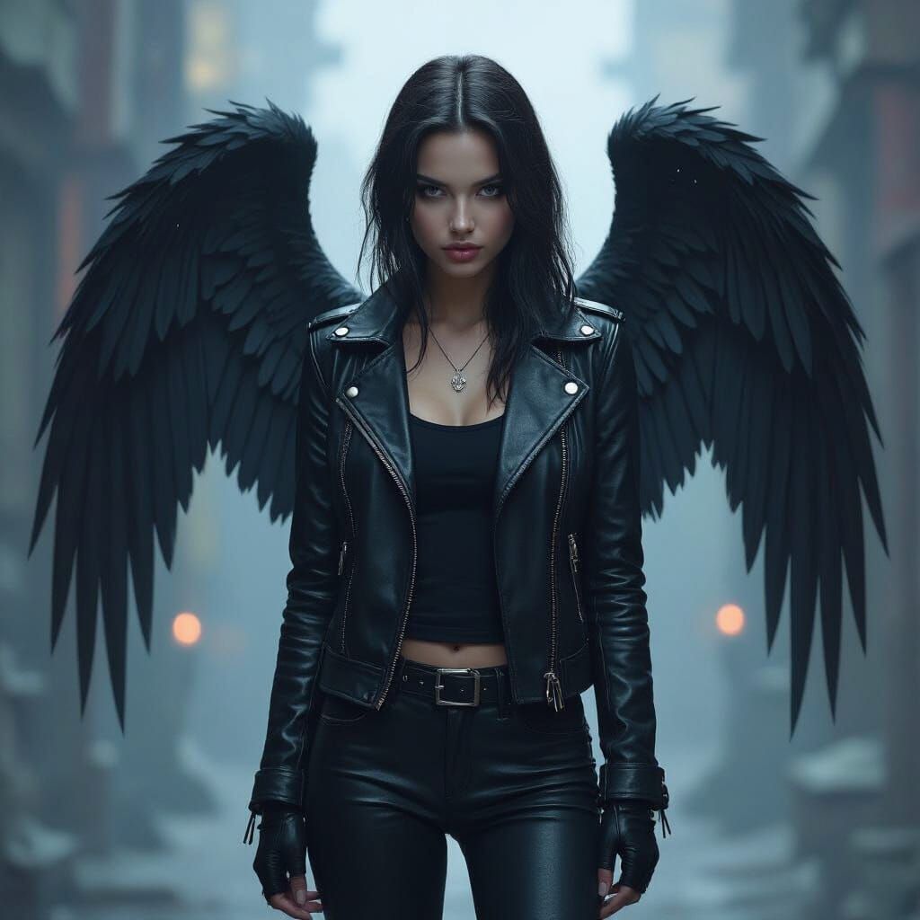 Scorpio Girl with Angel Wing in Dark Futurism Style