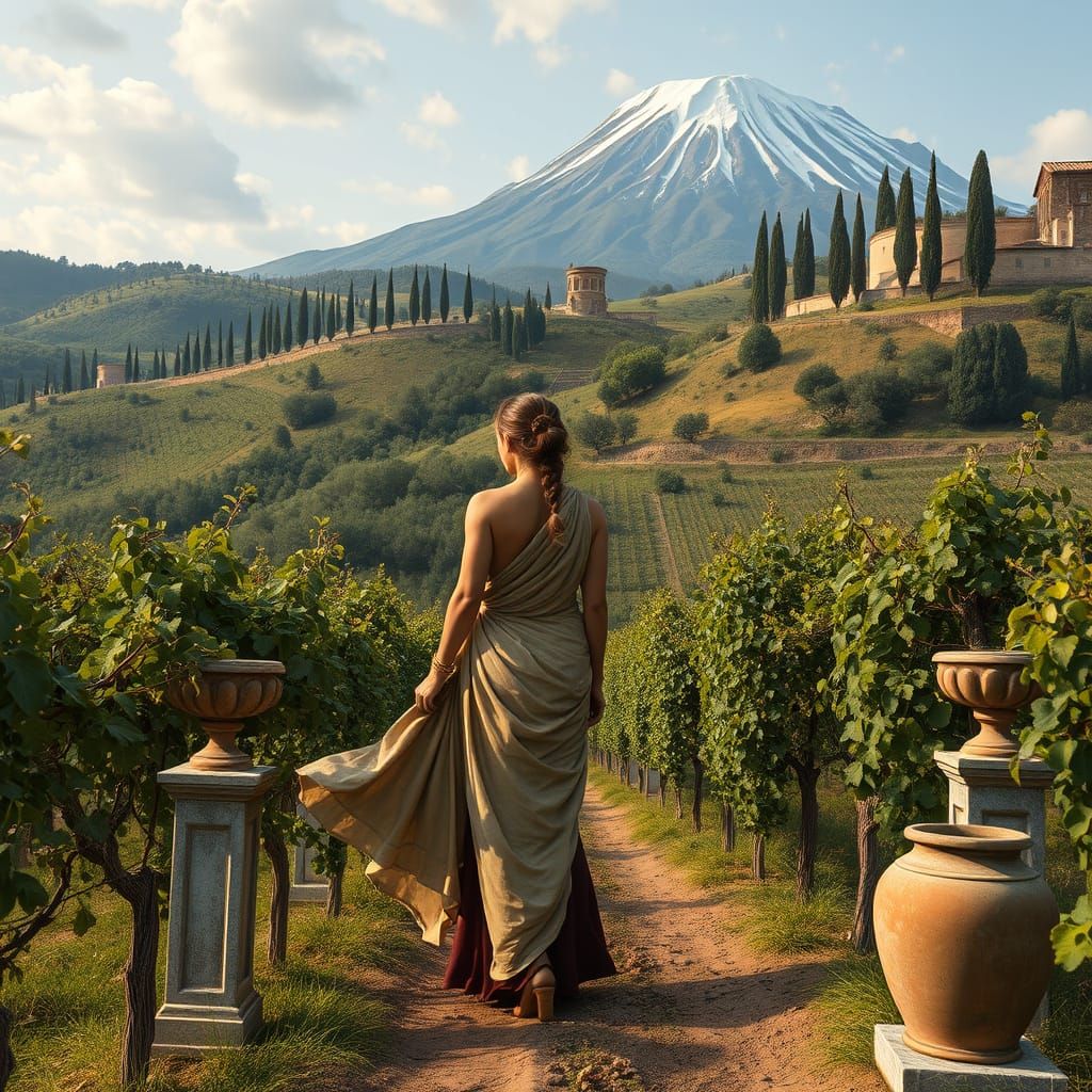 Ancient Roman Vineyard with Majestic Volcano
