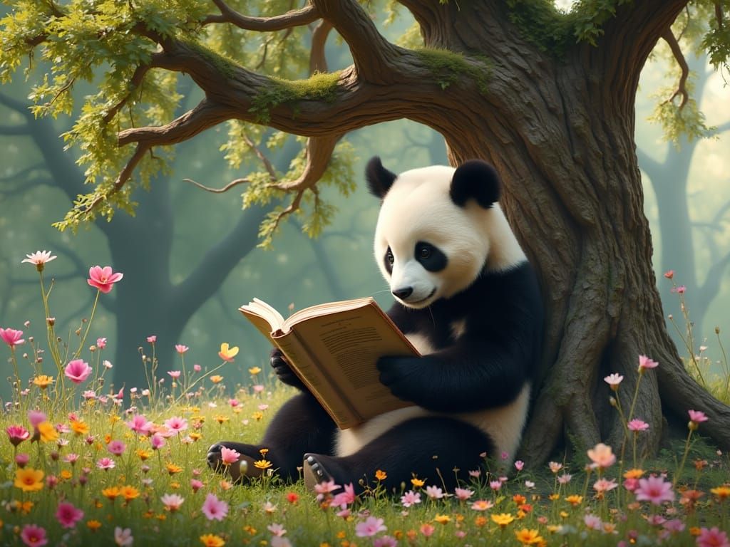 Panda Bear Reads Book Among Wildflowers in Fantasy Style