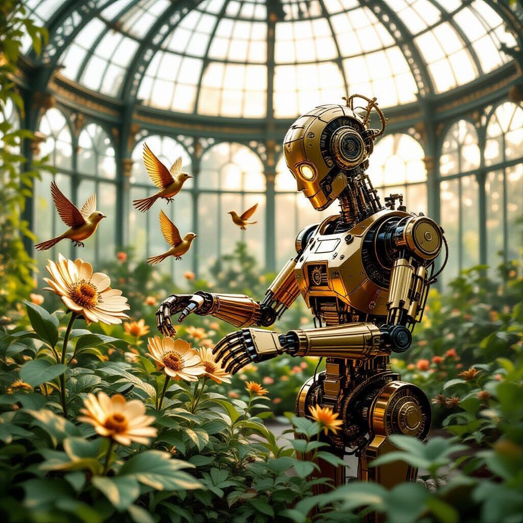 Steampunk Automaton Tends Mechanical Garden in Glass Dome