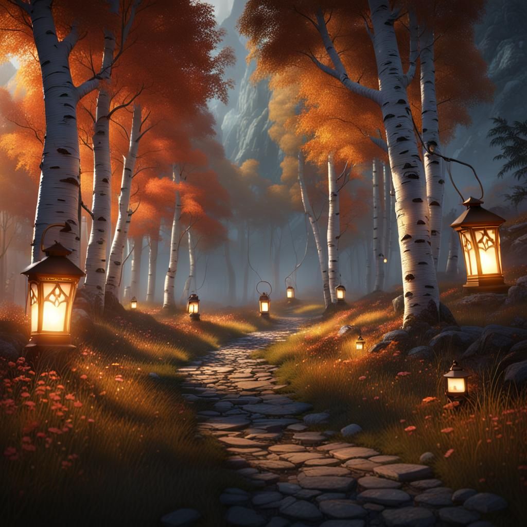 Lantern Pathway Through Birch Tree Landscape