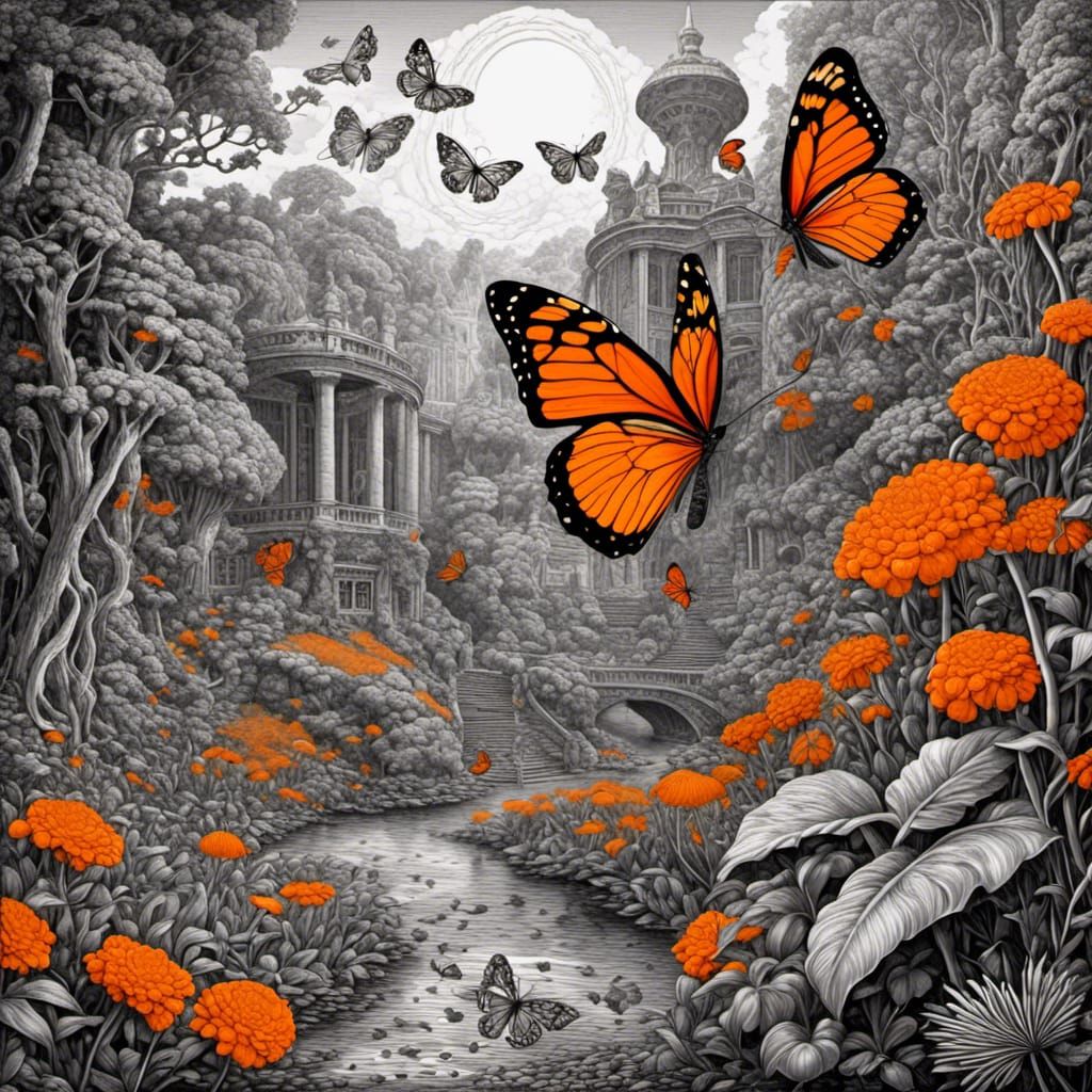 <lora:Ink-SDE:1.0> monochrome orange, a bright orange flower in the center with tangerine and coral butterflies in the b...