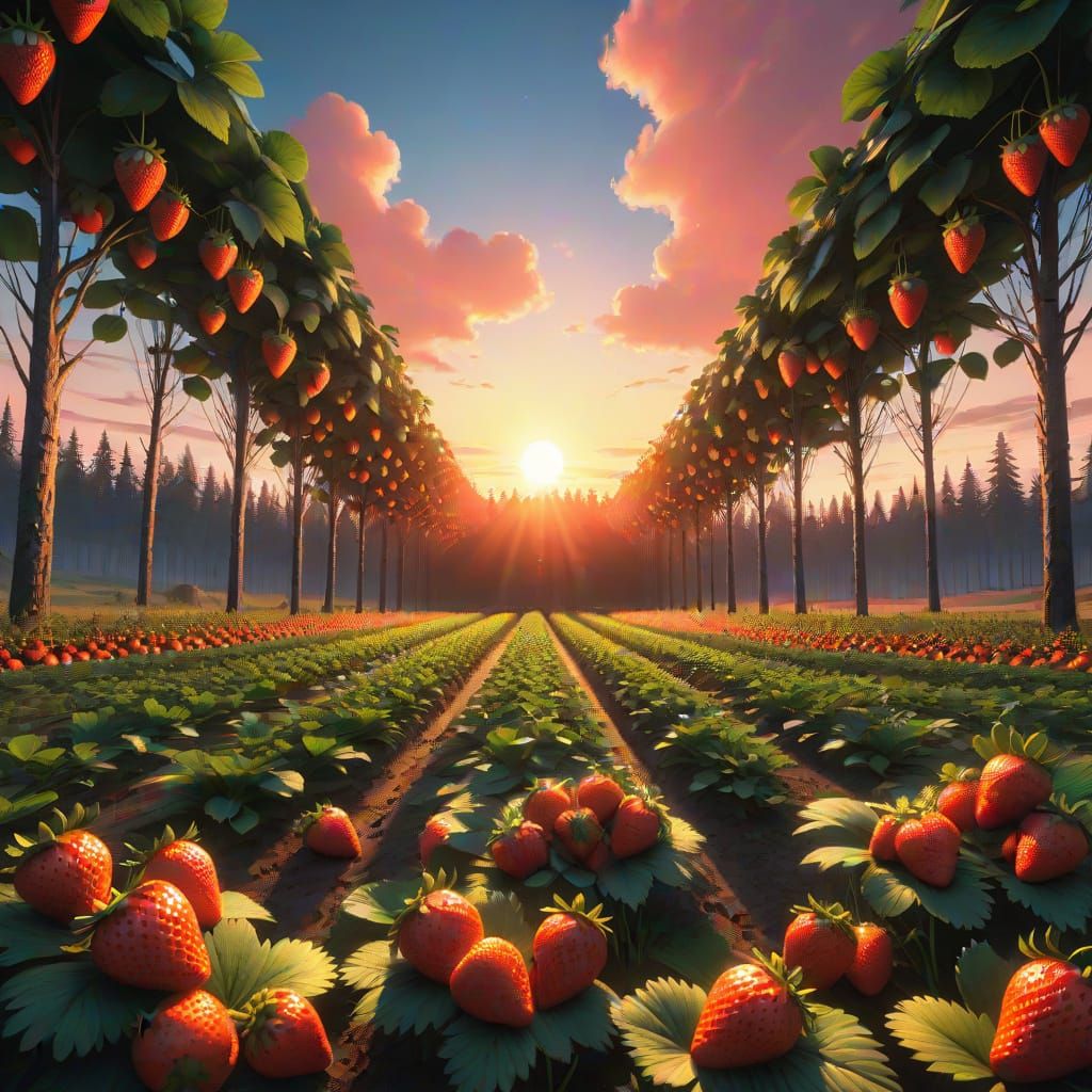 Art Deco Strawberry Field with Vibrant Sky