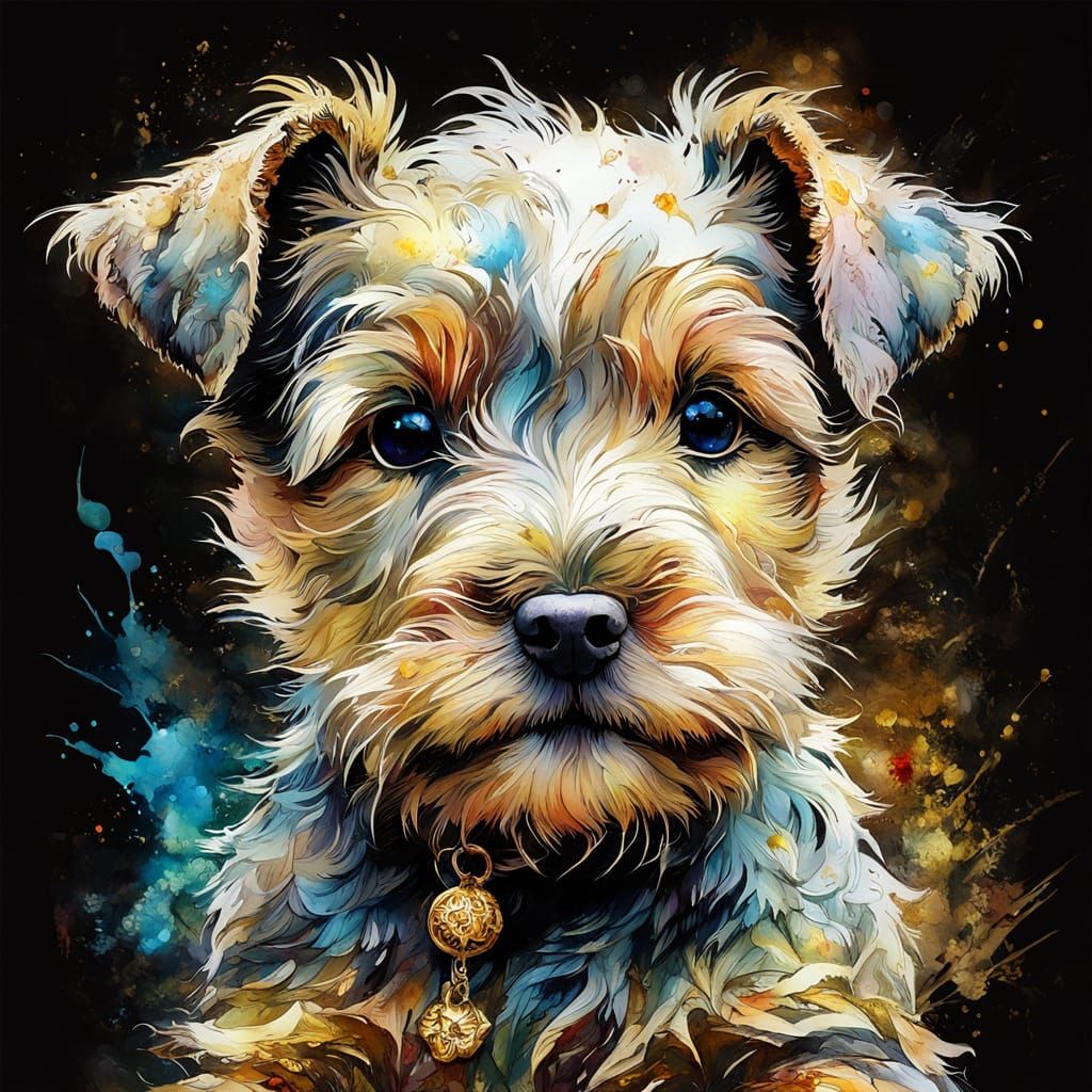 Cute Scots Terrier Pup with Golden Motifs