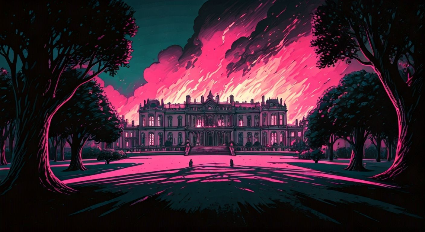1920s Mansion Fire in Stylized Graphic Novel Art