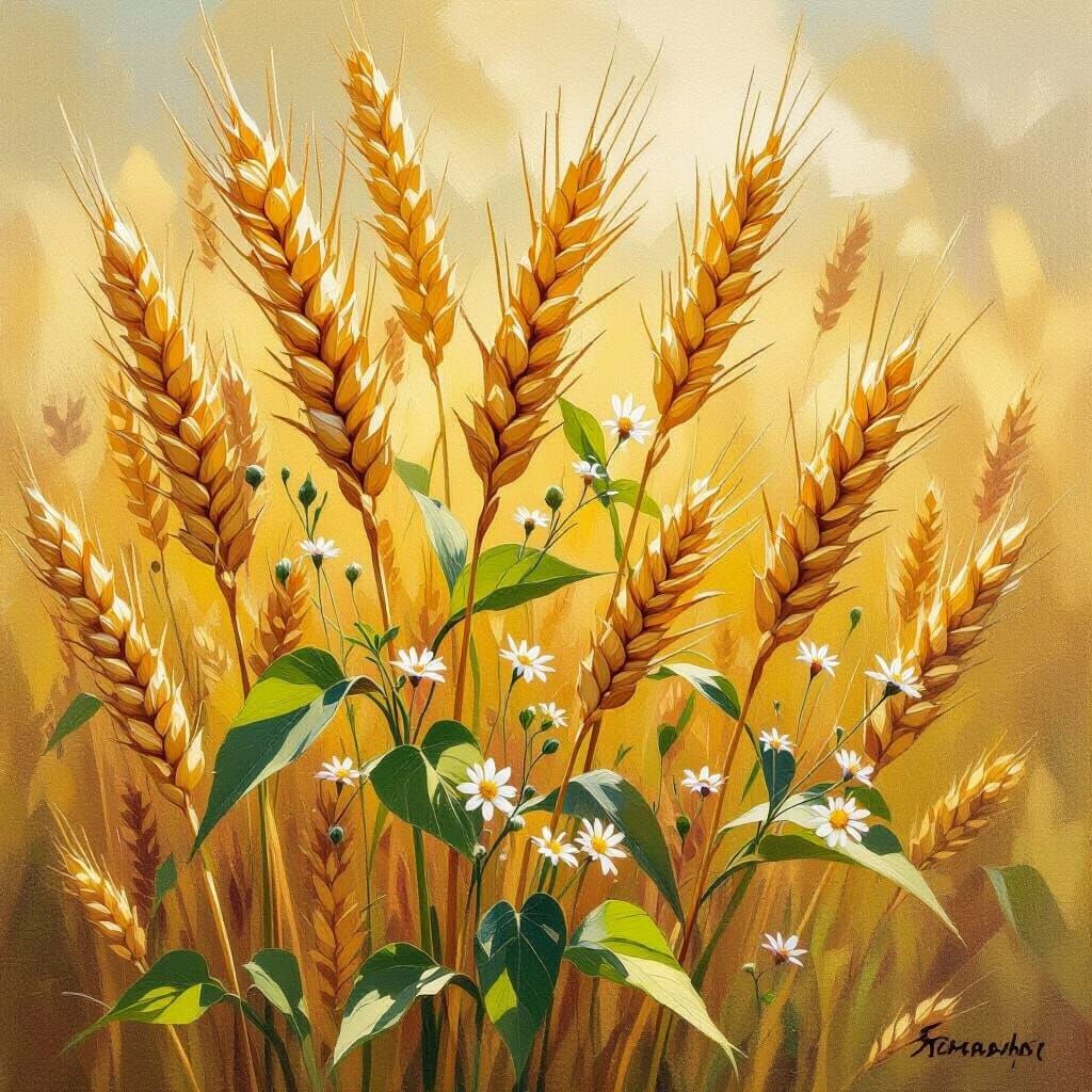 Golden Wheat Stalks as Impasto Oil Painting