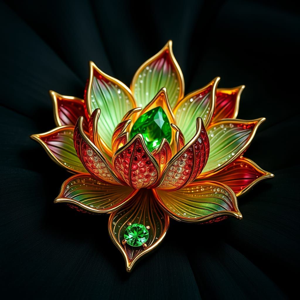 Luxe Brooch with Ruby Lotus Flower and Emerald Leaves in Art...