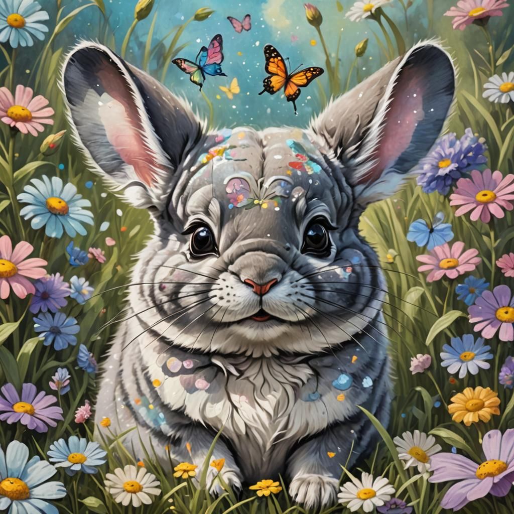 Cute Chinchilla Sleeping in Sunny Flower Meadow