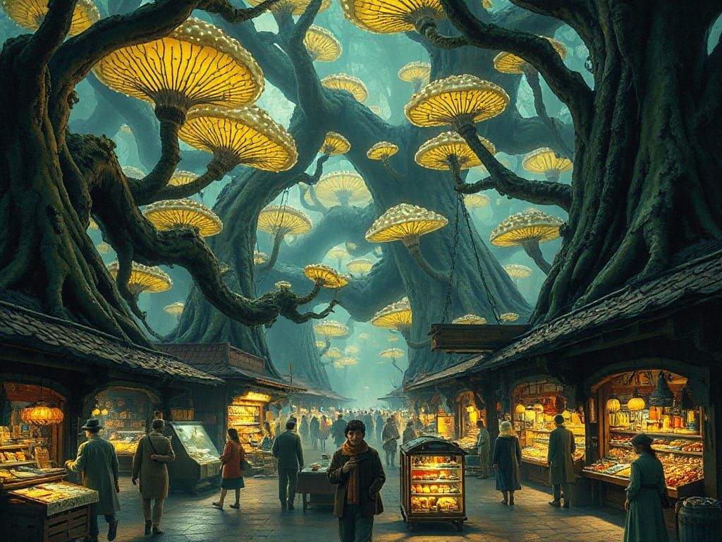 Bioluminescent Tree City Marketplace: Whimsical Fantasy Scen...