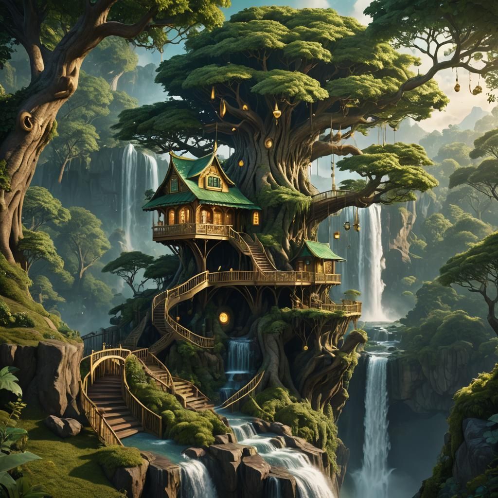 Magical Treehouse with Waterfall in Forest