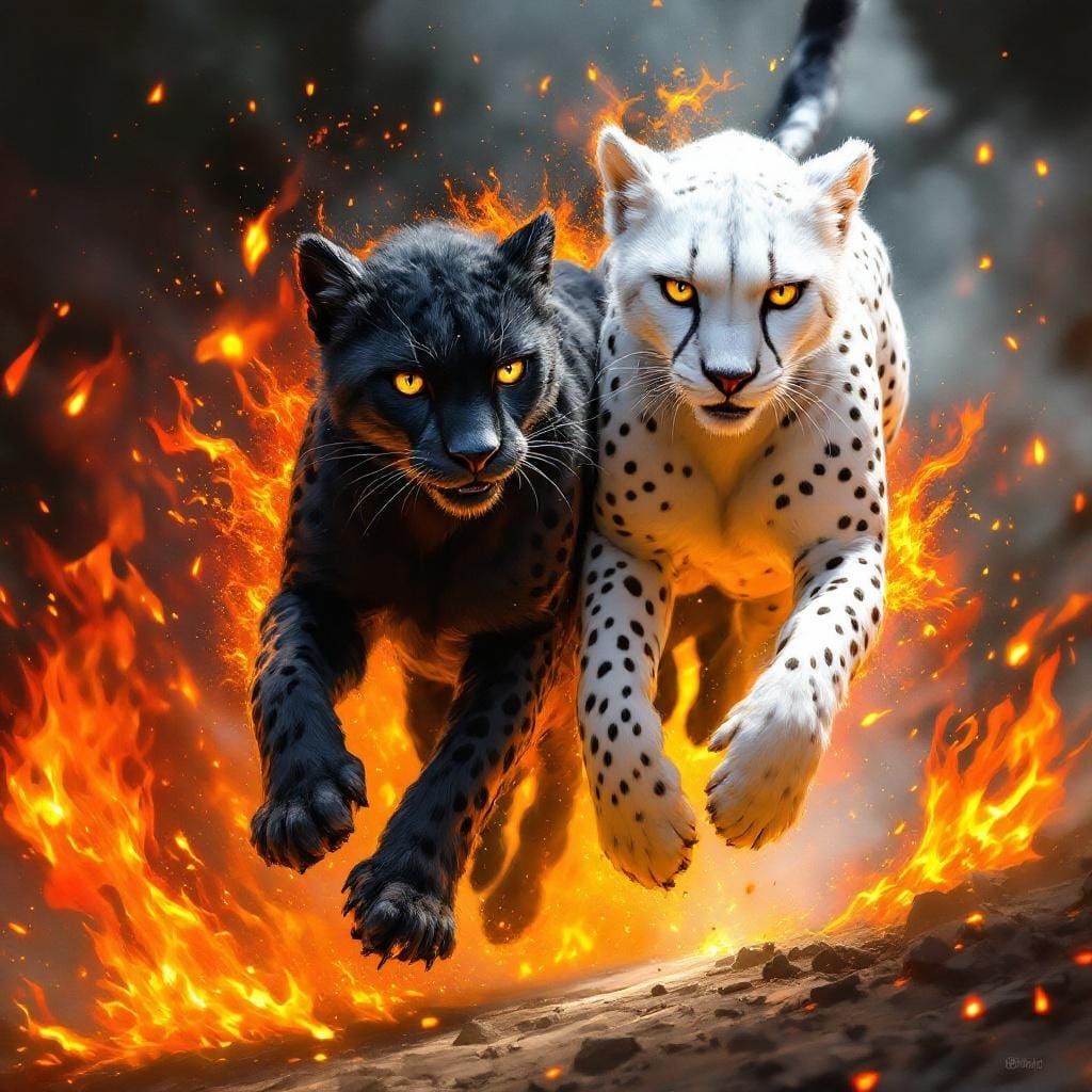 Cheetahs Sprinting Through Fire, in Digital Painting Style