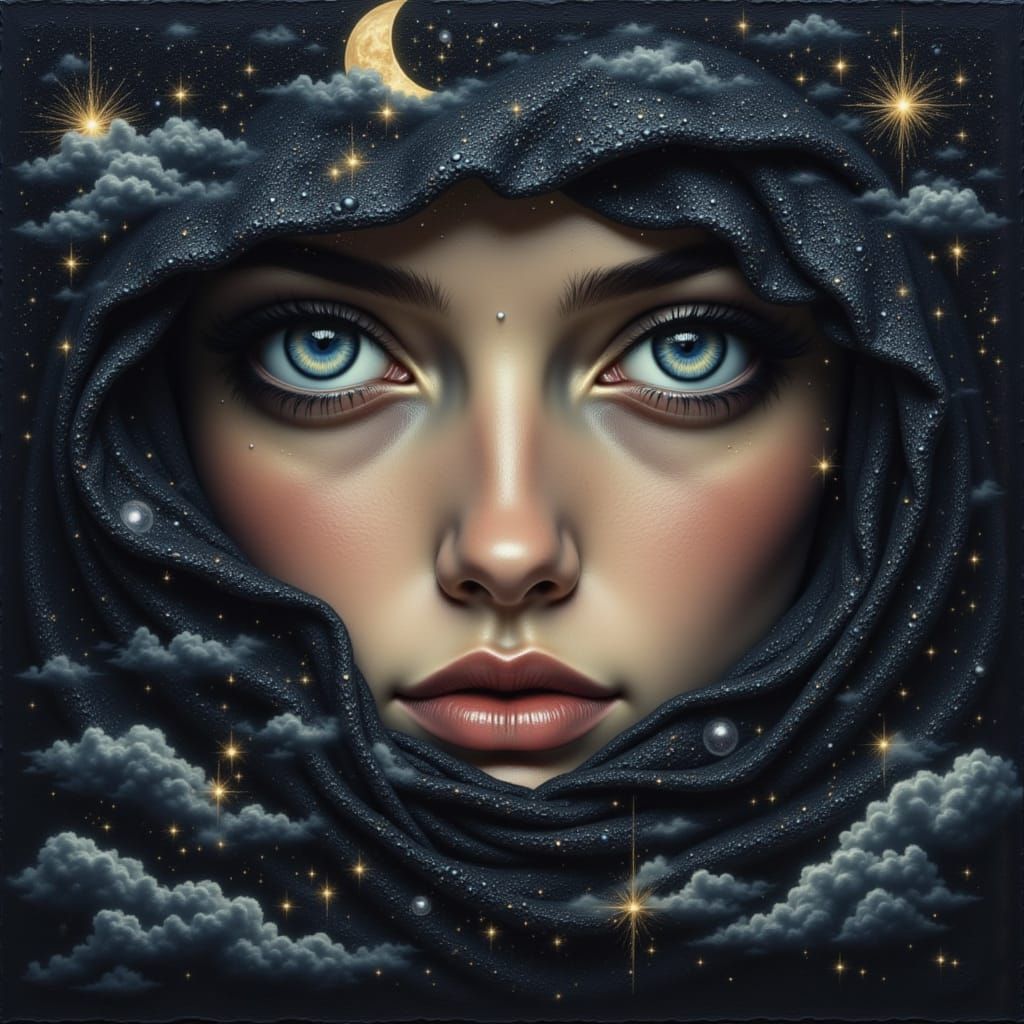 Surrealist Oil Painting of a Heartbroken Figure with Celesti...