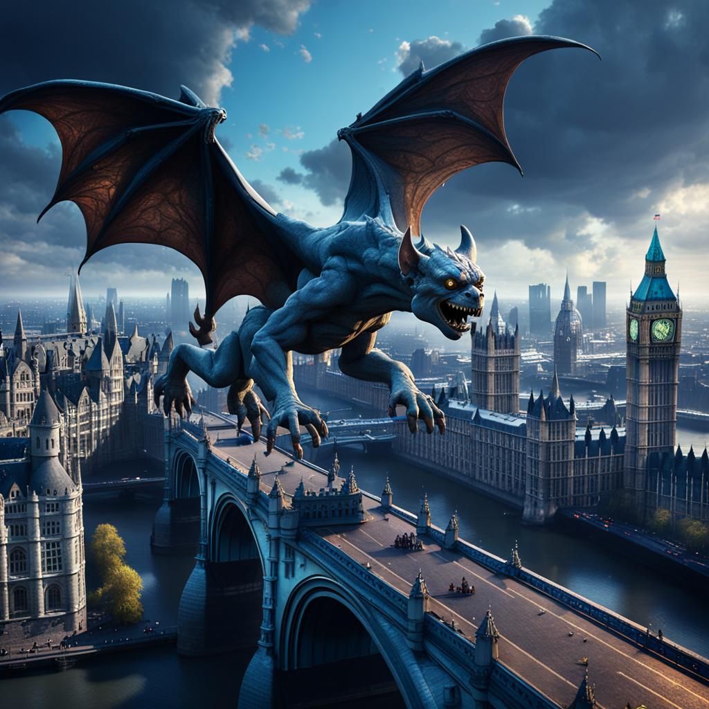 Gargoyle Soaring Over London Bridge in Matte Painting Style