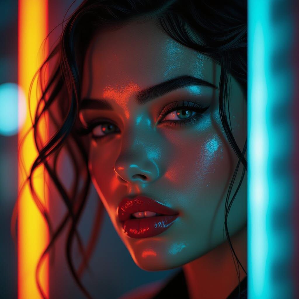 Cyberpunk Face Close-Up with Neon Lighting