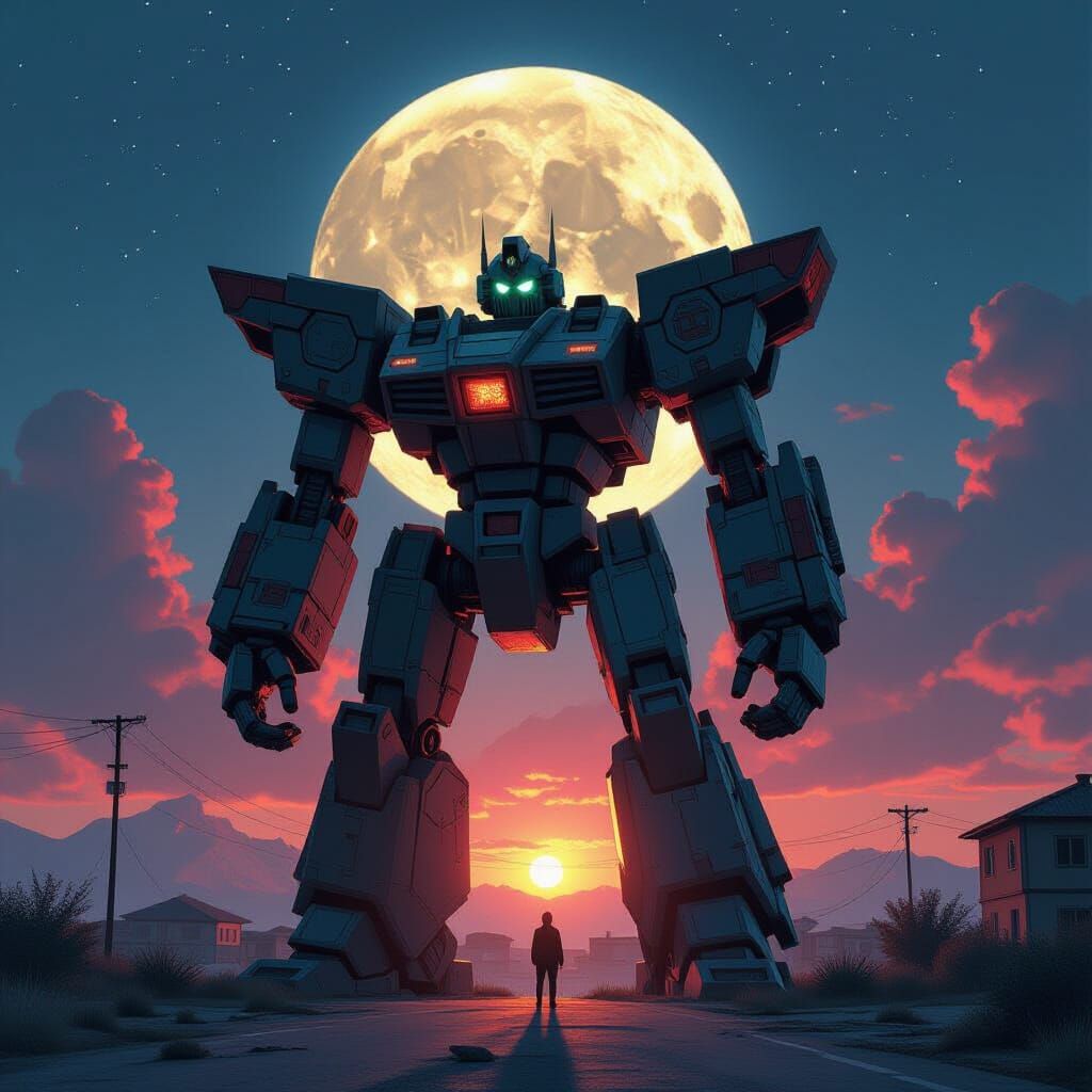 Massive Rusted Mecha Under Full Moon