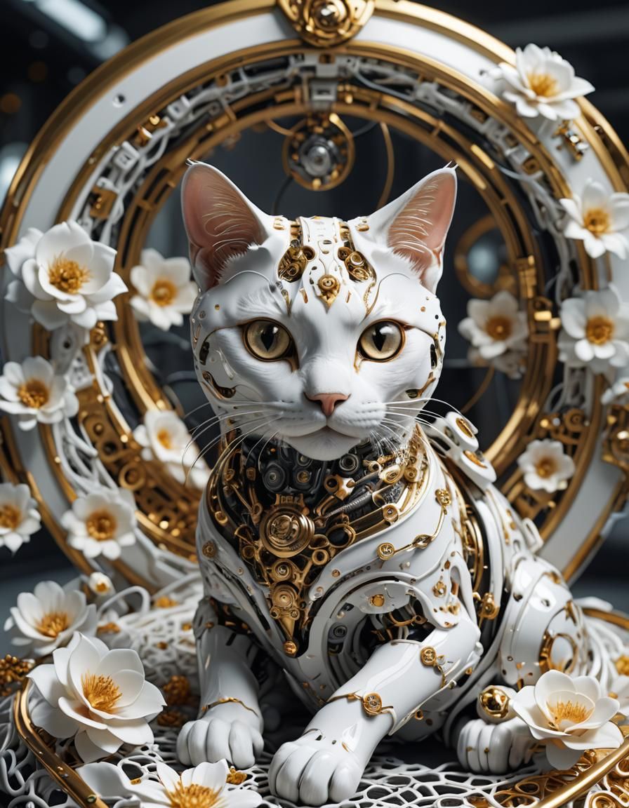 Porcelain Cyborg Cat in Cyberpunk Style