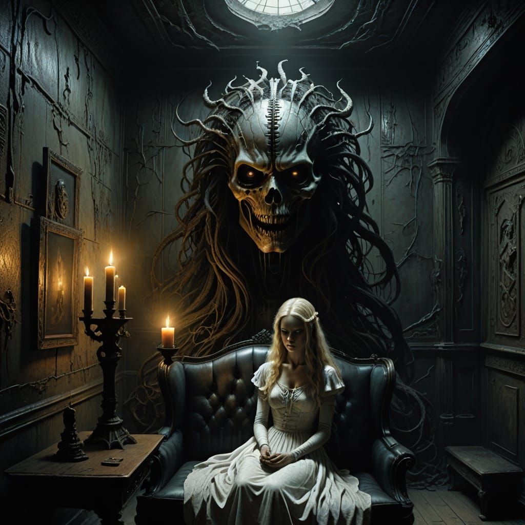 Haunting Dark Fantasy Horror Scene with Woman and Eerie Face...
