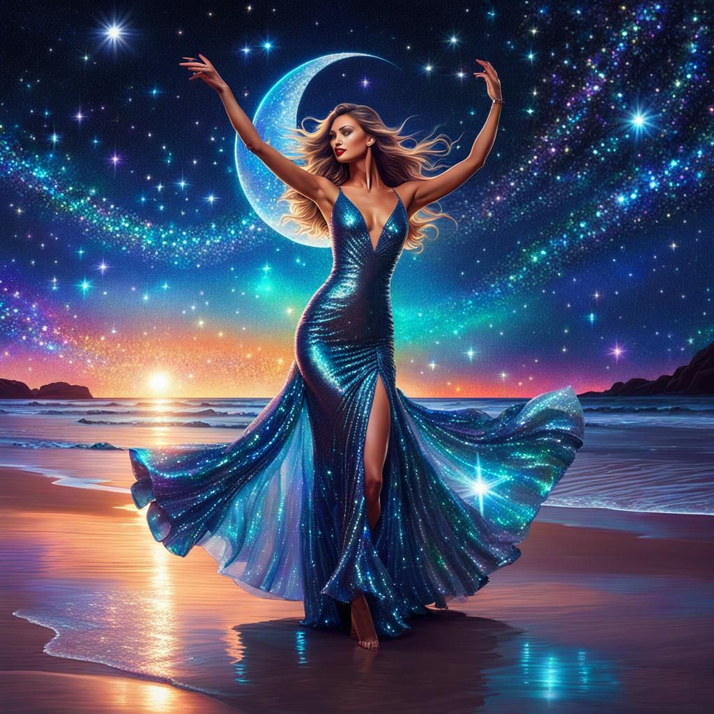 Woman Dancing on Beach in Astral Moonlight
