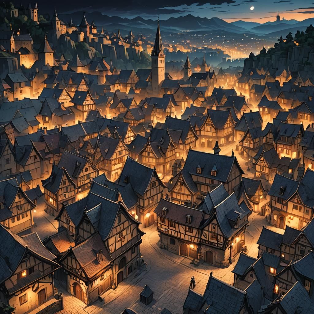 Nighttime Medieval Town in Anime Style