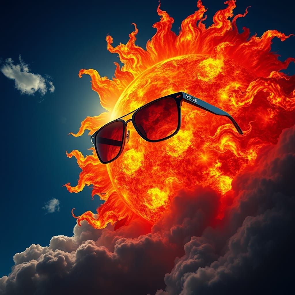 Hyperrealistic Sun Wearing Sunglasses in Fiery Sky