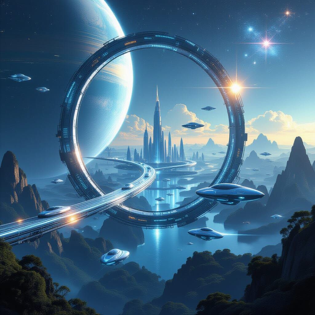 Orbital Ring Megacities Above Blue Planet