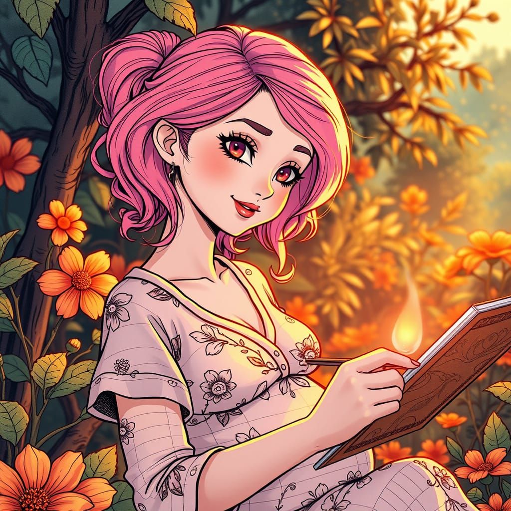 Serenely Smiling Artist in Lush Garden Scene