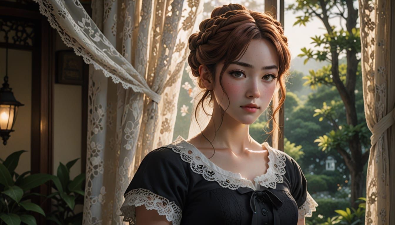 Anime Portrait of Woman with Freckles and Hair Buns