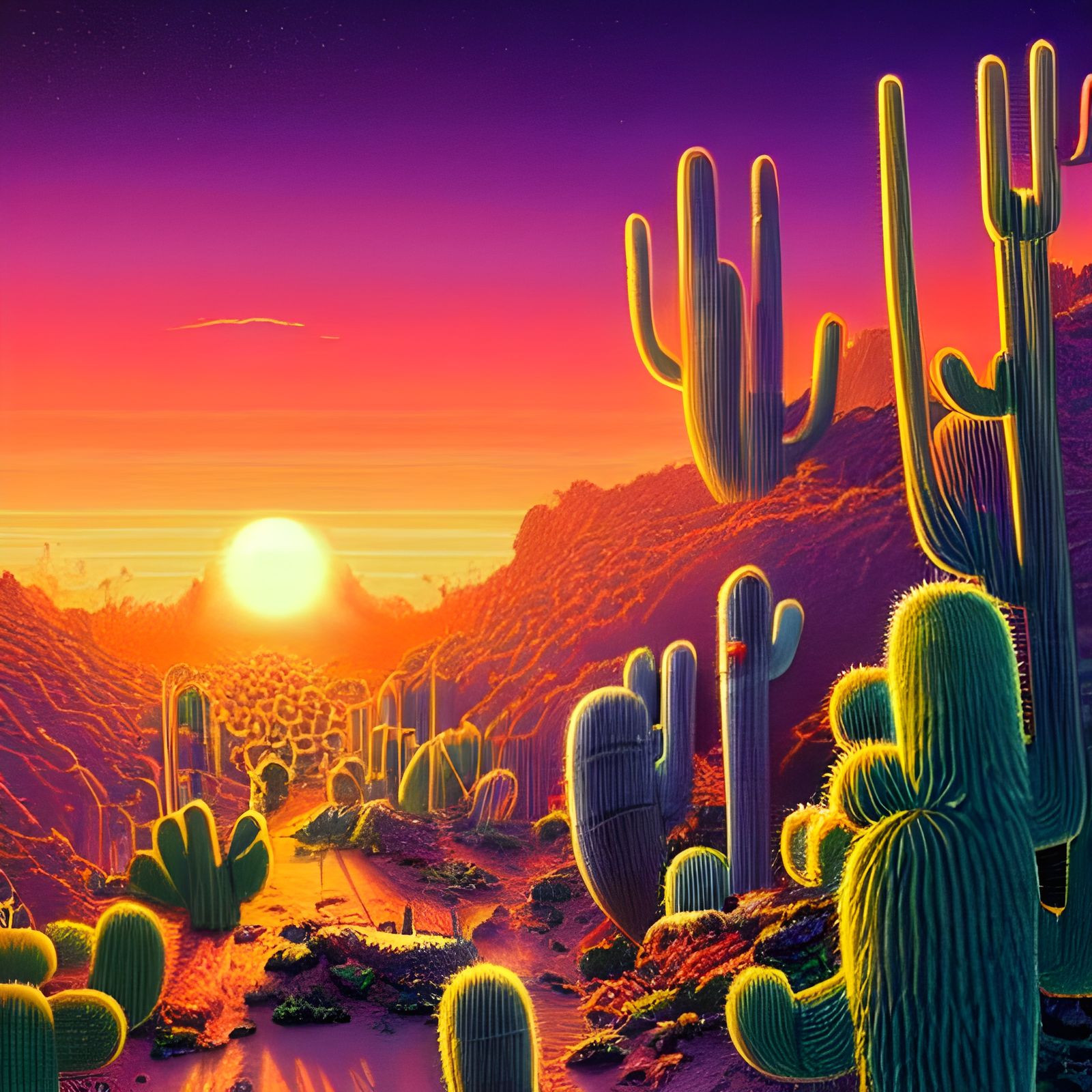 Cactus Desert Sunrise in Synthwave Style