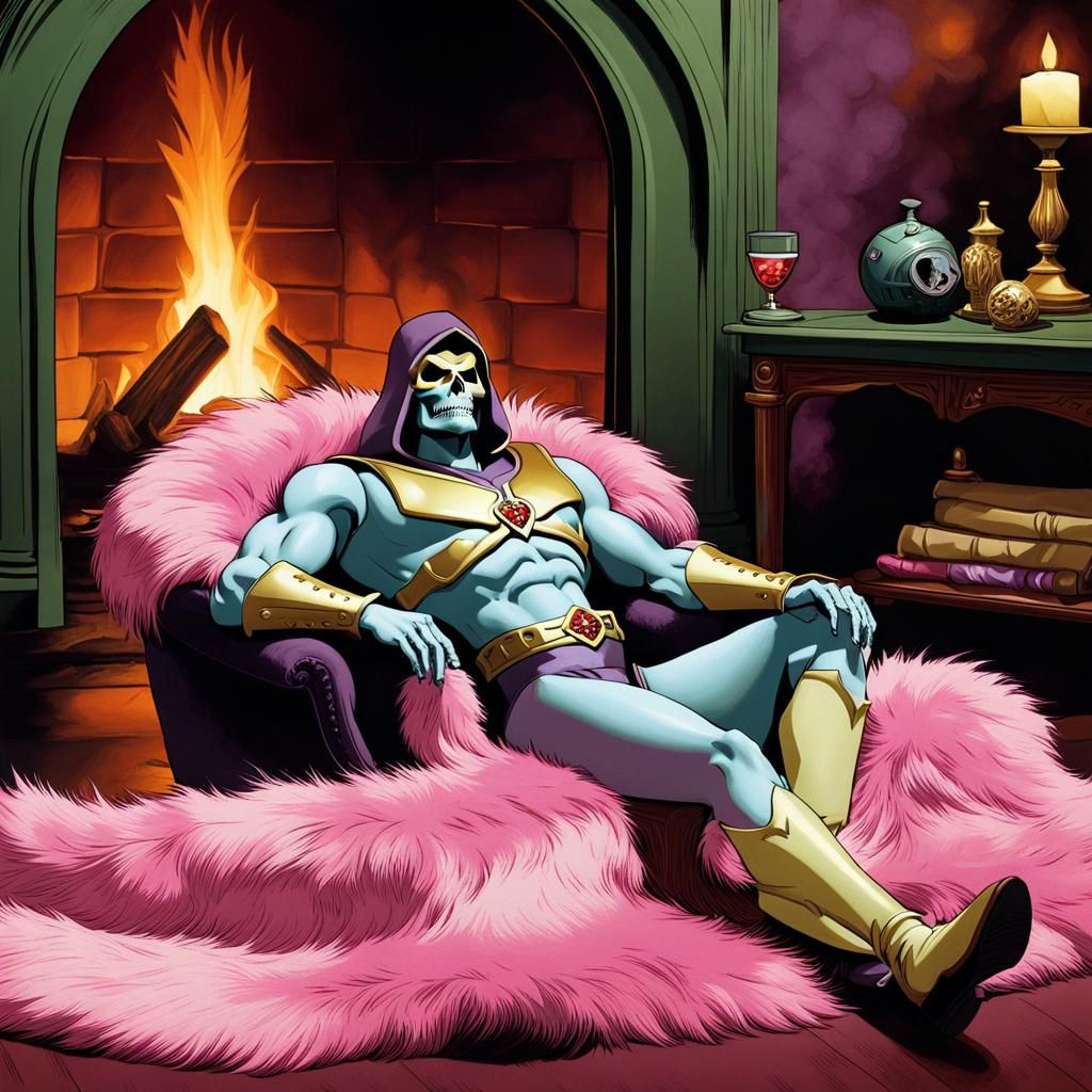 Skeletor lounging by fireplace, Vintage_Romance_Color_Palette, Masters of the Universe, MOTU