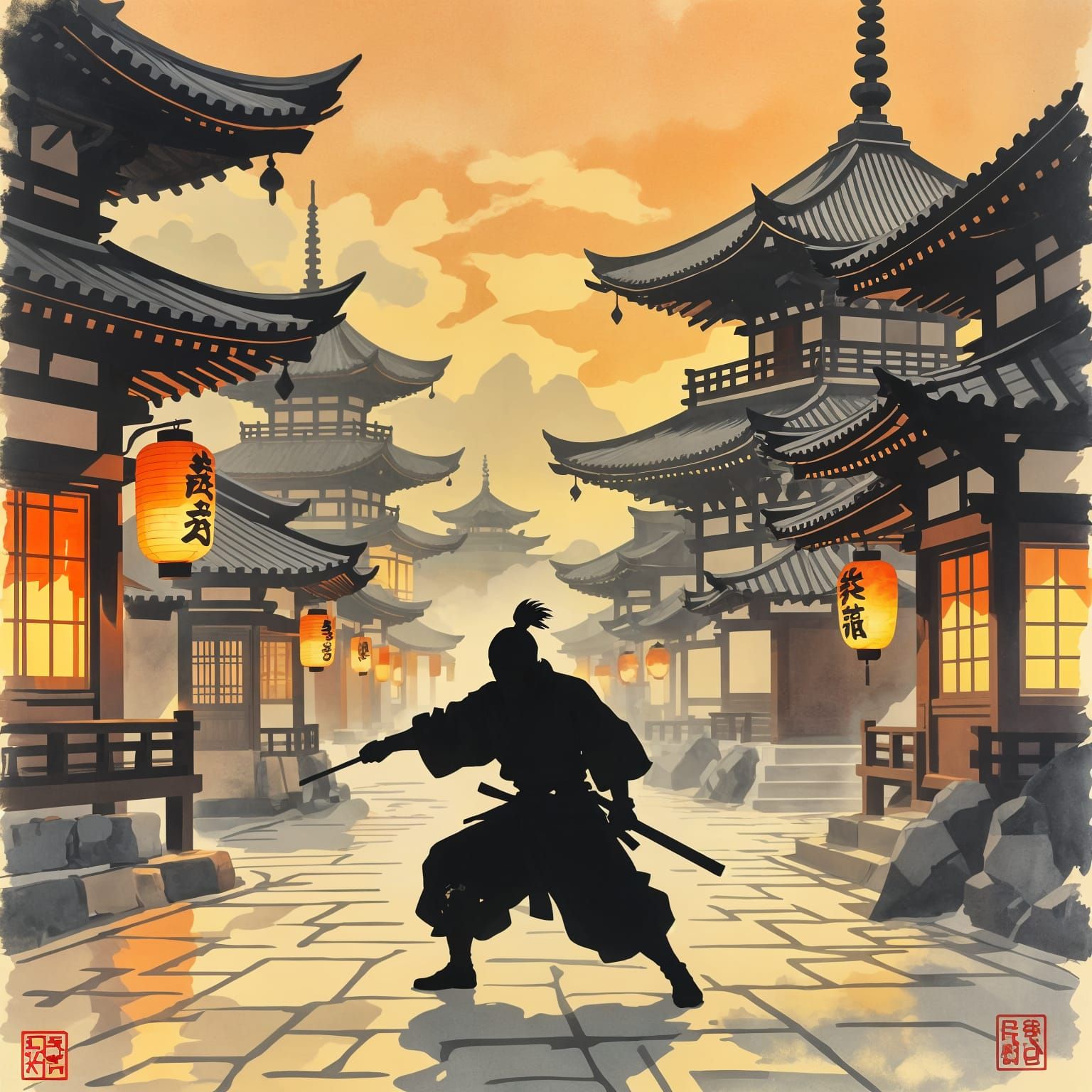 Stealthy Ninja Silhouette in Japanese Woodblock Style