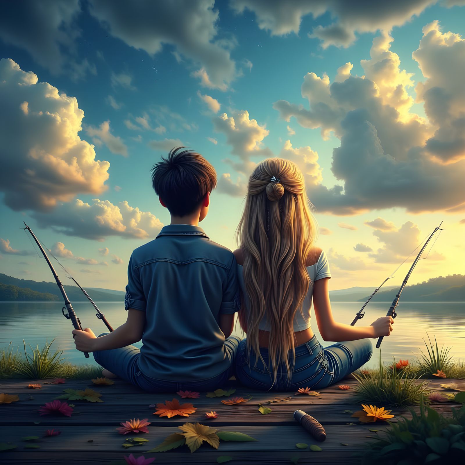 Fishing Scene in Ethereal Art Nouveau Style