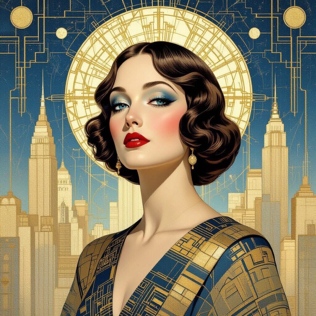 Art Deco Visionary Artist in Geometric Blueprint Scene