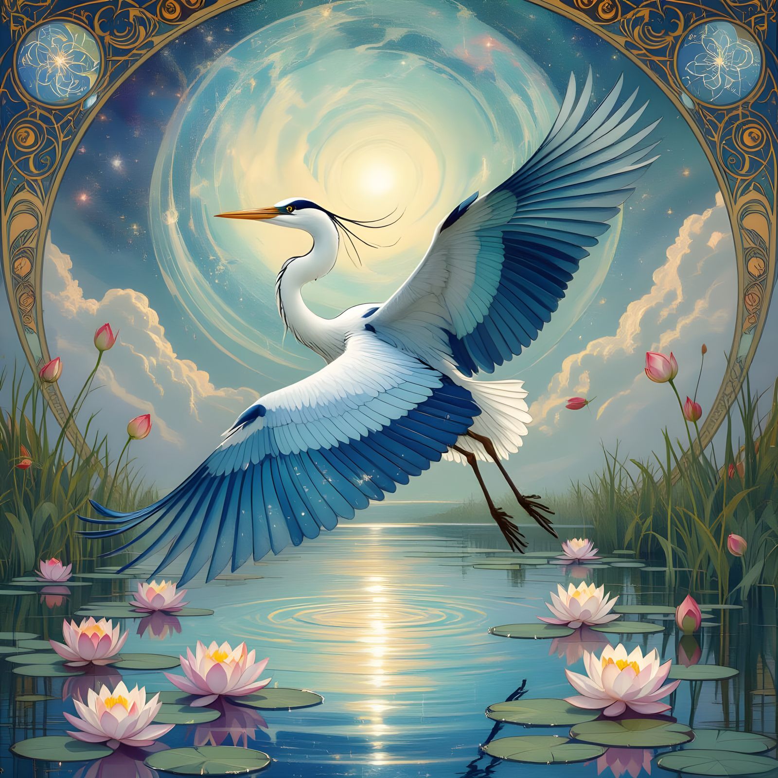 Majestic Heron Flies Over Mystical Pond in Art Nouveau Style