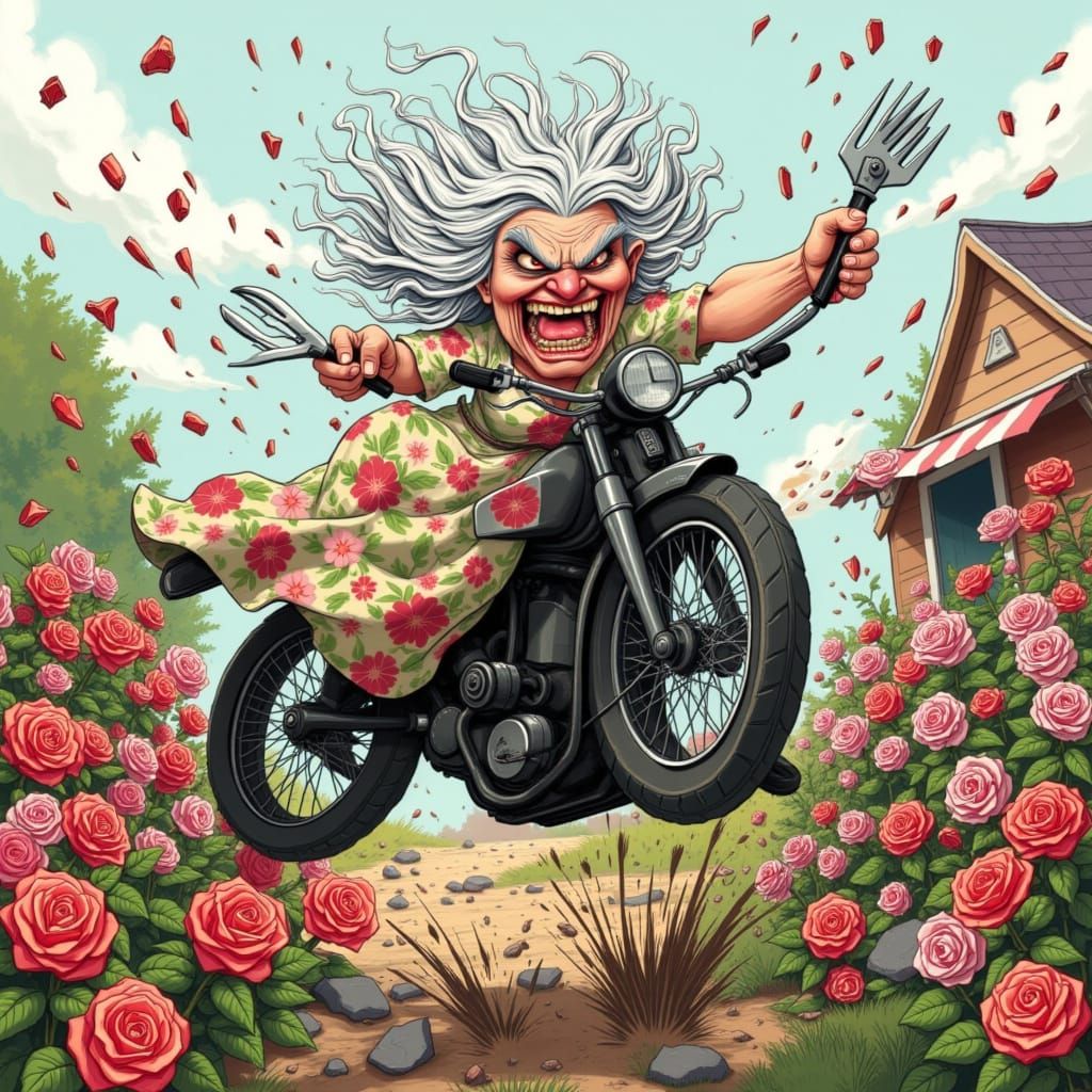 Angry Grandma Rides Motorcycle Through Rose Garden