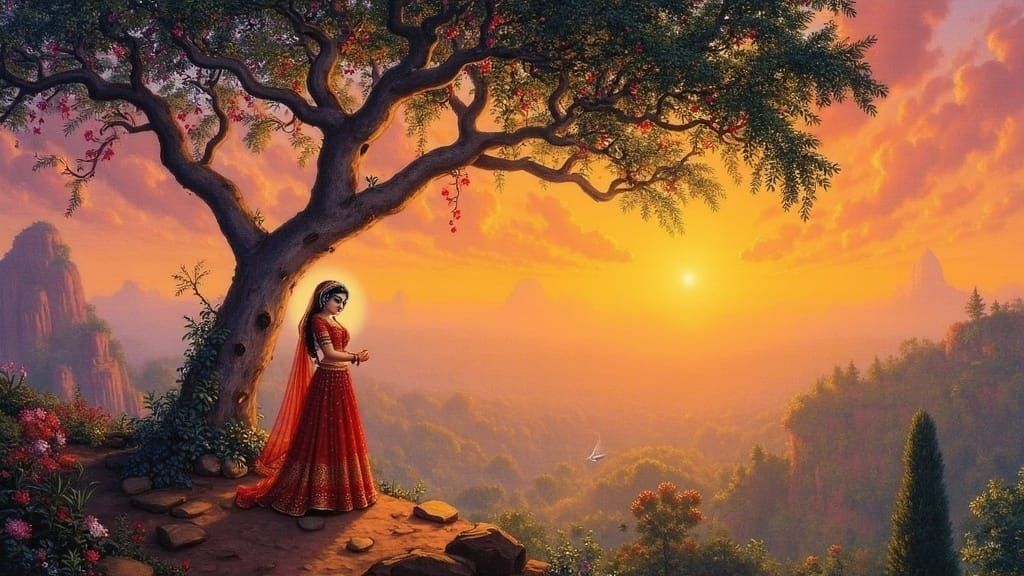 Girl in Red Lehenga at Sunset on Mountain Peak