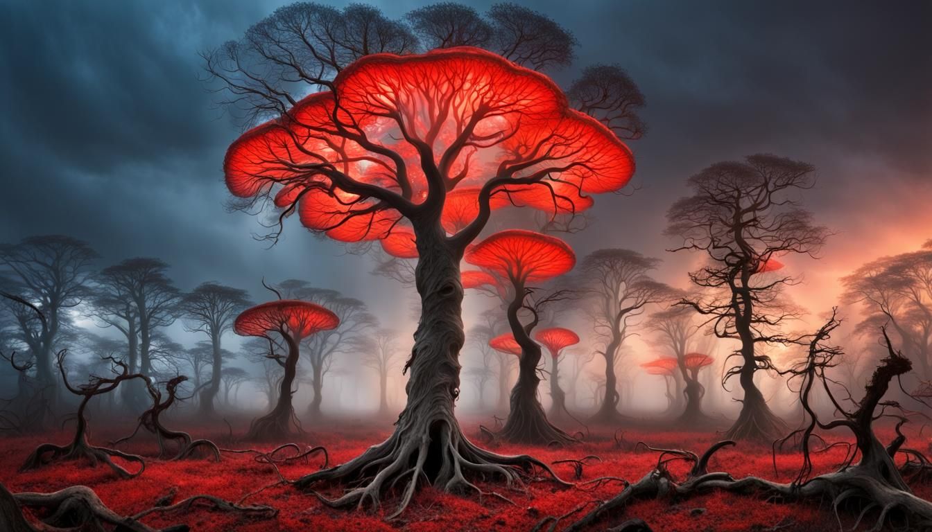 Eerie Forest with Glowing Fungi in Hyperrealism