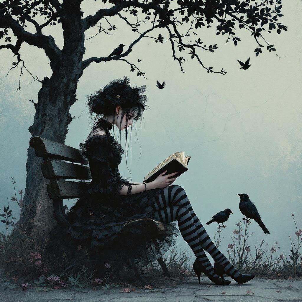 Gothic Girl Reading Book in Pastel Landscape