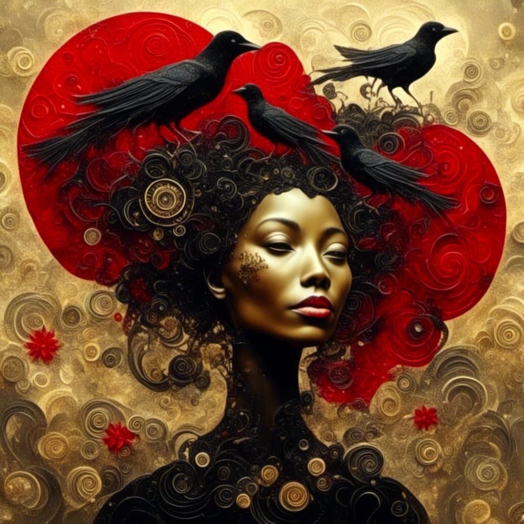 Surreal Raven-Winged Woman in Red, Black, and Gold