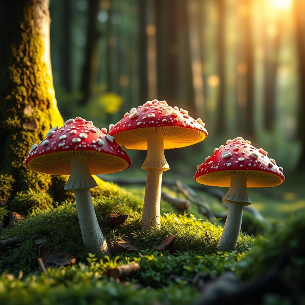 Vibrant Red-Capped Fungi Amidst a Lush Forest