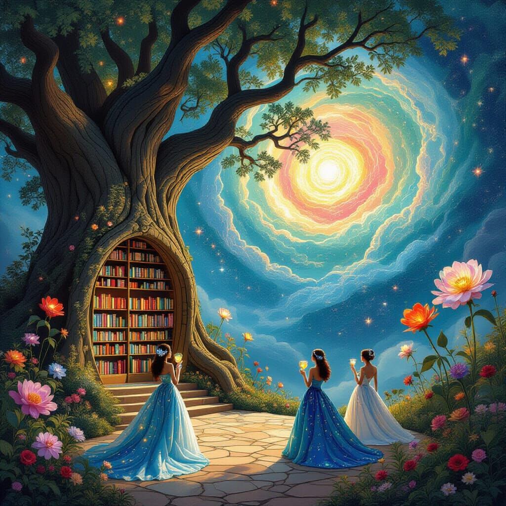 Celestial Library in Ancient Tree: Surreal Art
