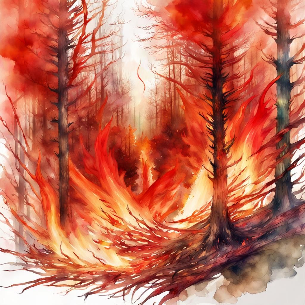 Dramatic Forest Wildfire in Digital Watercolor
