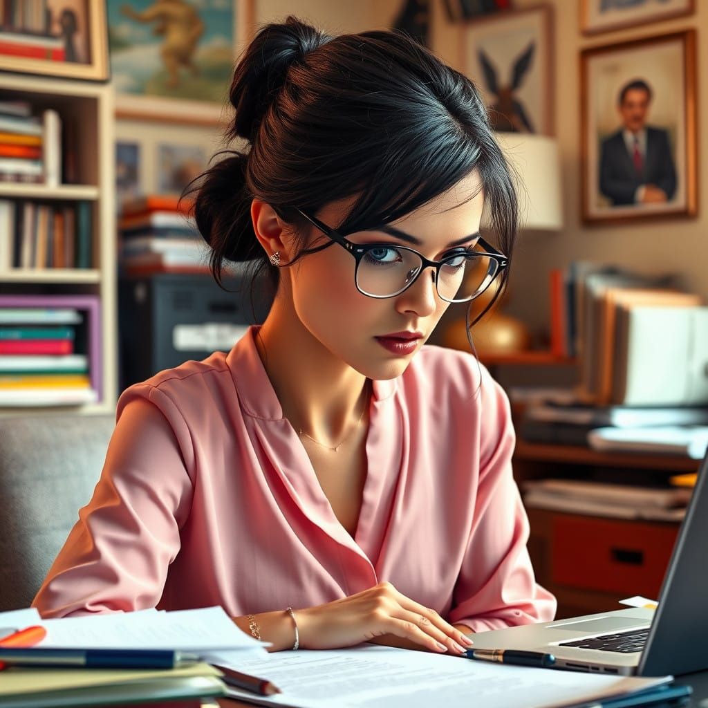 Elegant Woman in Mid-30s Focuses at Home Office Desk