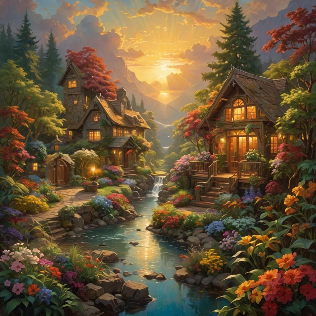 Autumn Forest House with Wildflowers, Oil Painting